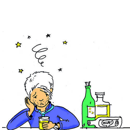 Illustration: unglücklicher Mann mit Glas in der Hand und Alkoholflaschen