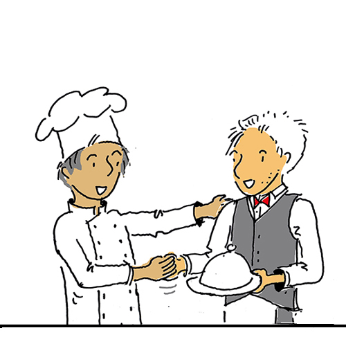 Illustration: Koch klopft Kellner freundschaftlich auf die Schulter