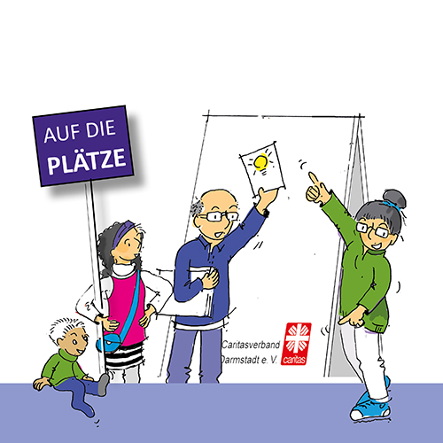 Illustration: Zwei Frauen, ein Mann und ein Kind mit Schautafel und Schild mit Text „Auf die Plätze“