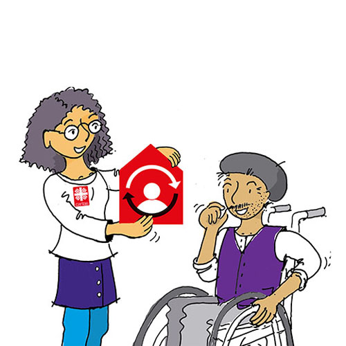 Illustration: Pflegerin mit Symbol der Ambulanten Pflege in den Händen neben älterem Herrn im Rollstuhl