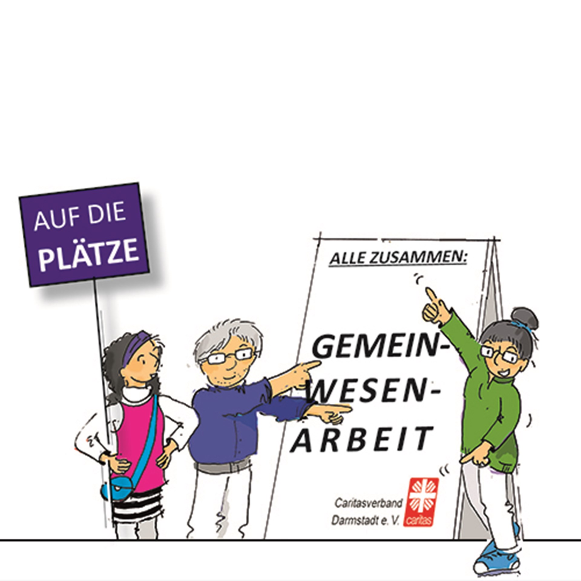 Illustration: Personen mit Flipchart und Plakat "Auf die Plätze"