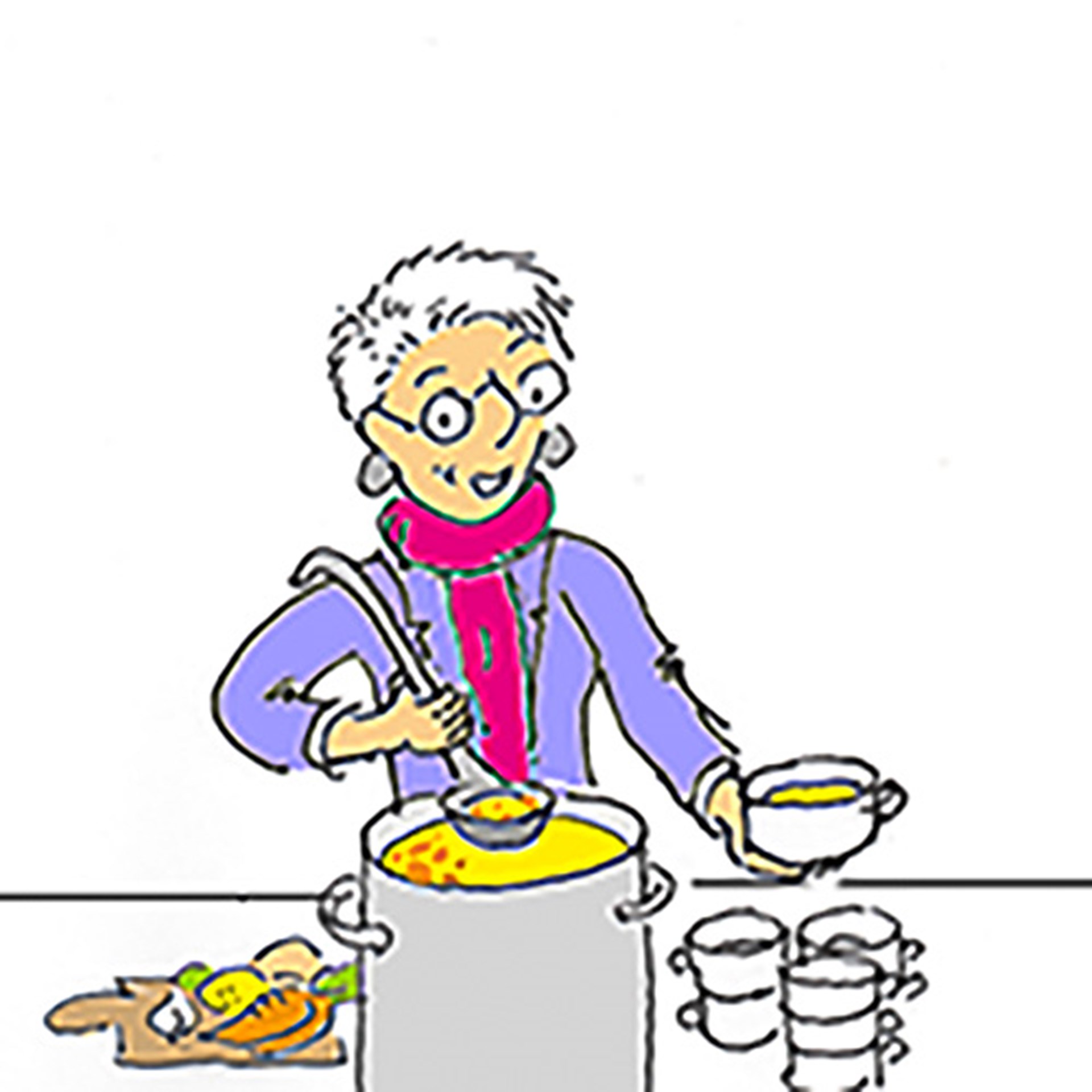 Illustration: Caritas-Mitarbeiterin bietet Betrachter Schale mit Suppe an