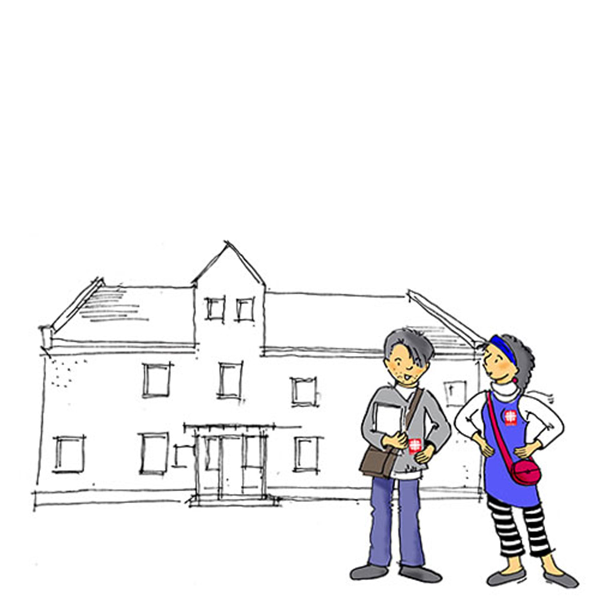 Illustration: zwei Mitarbeitende vorm Gebäude des Caritaszentrums Dieburg