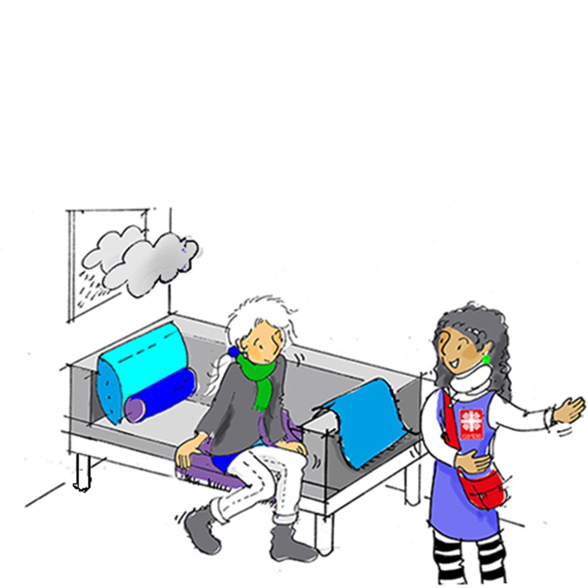 Illustration: Caritas-Mitarbeiterin lädt eine auf einer Couch sitzende Frau auf, aktiv zu werden