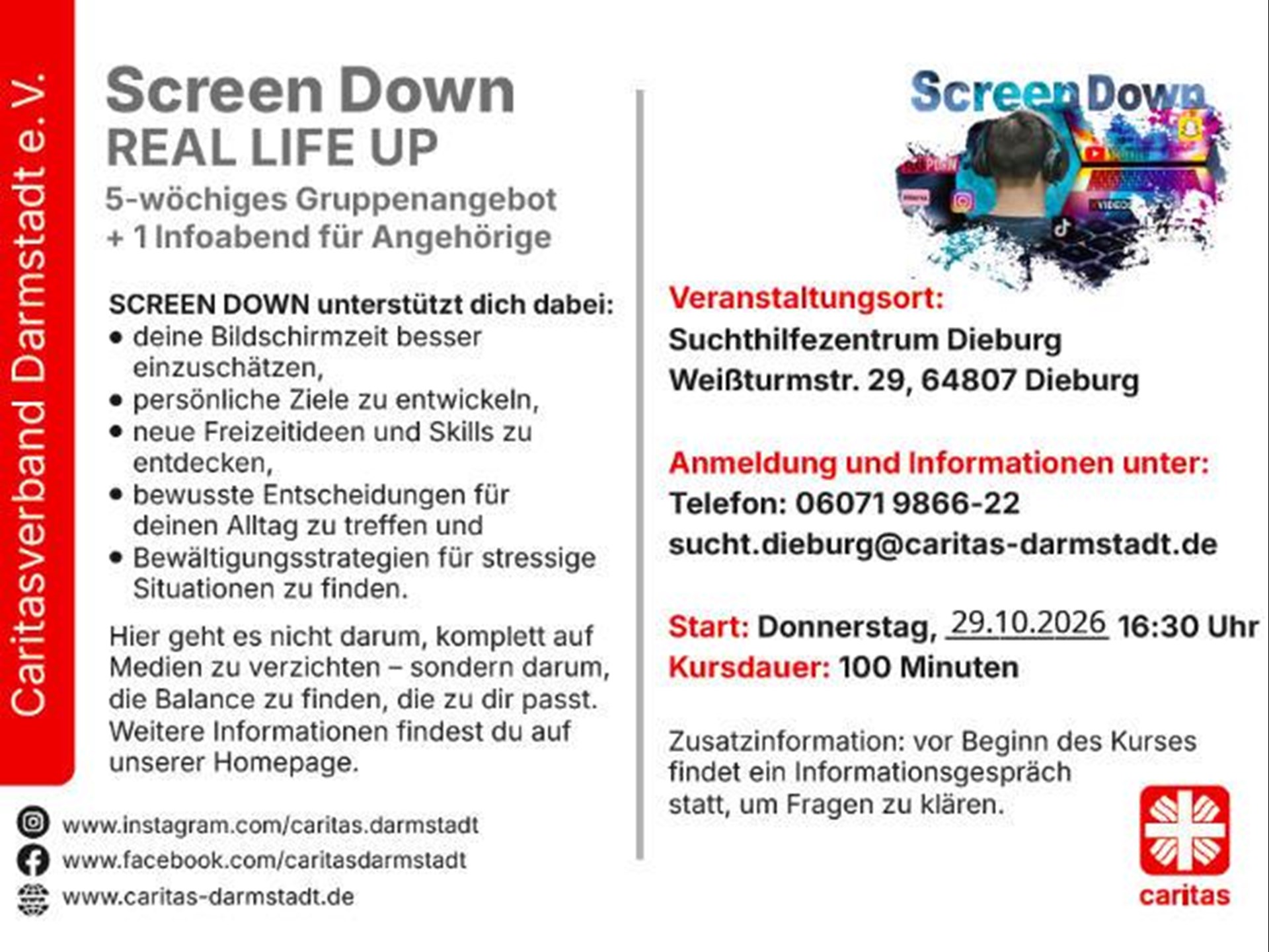 Postkarte des Medienreduktionsprogramms Screen Down Darmstadt-Rueckseite