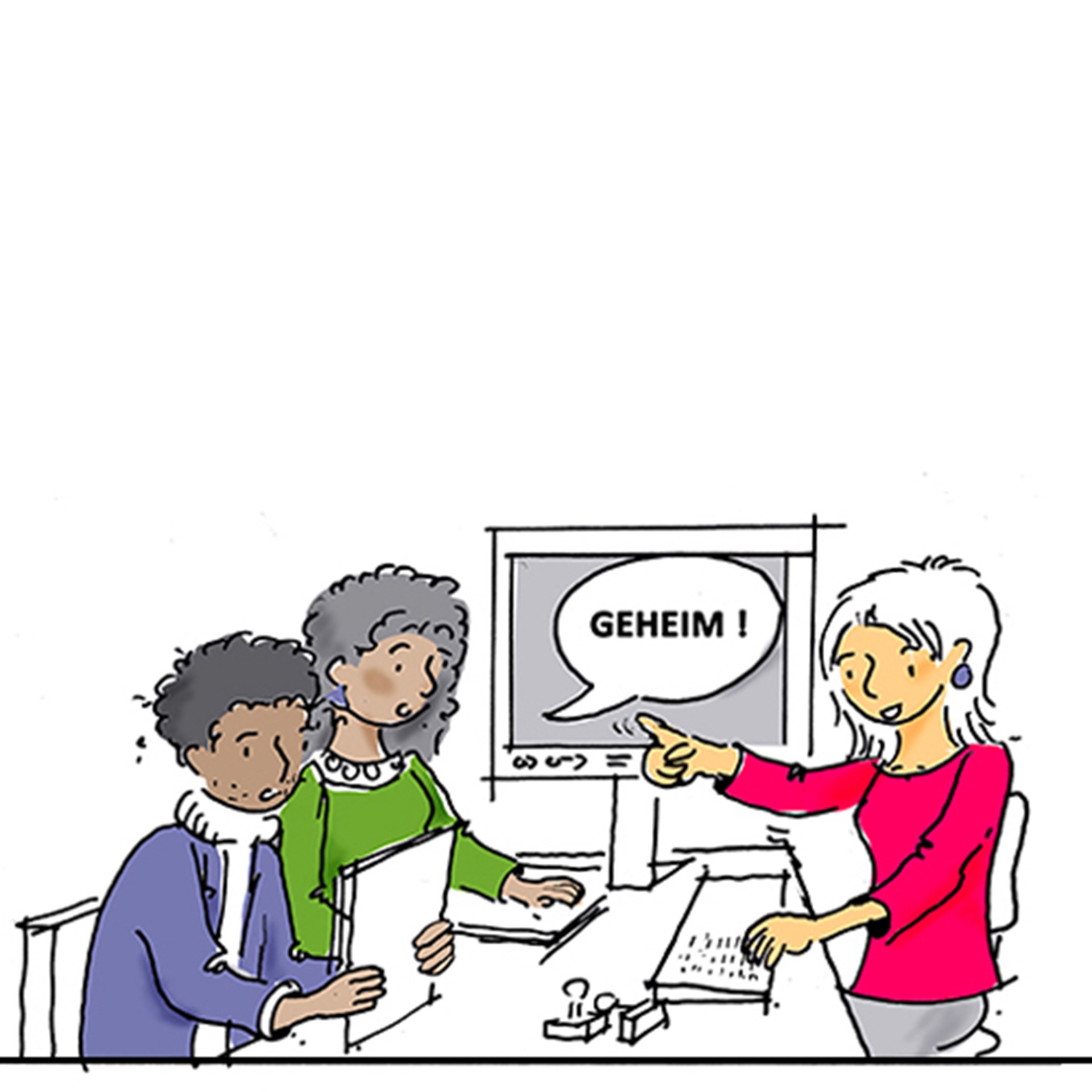 Illustration: Caritas-Mitarbeiterin in Beratungssituation mit zwei Personen mit Migrationshintergrund