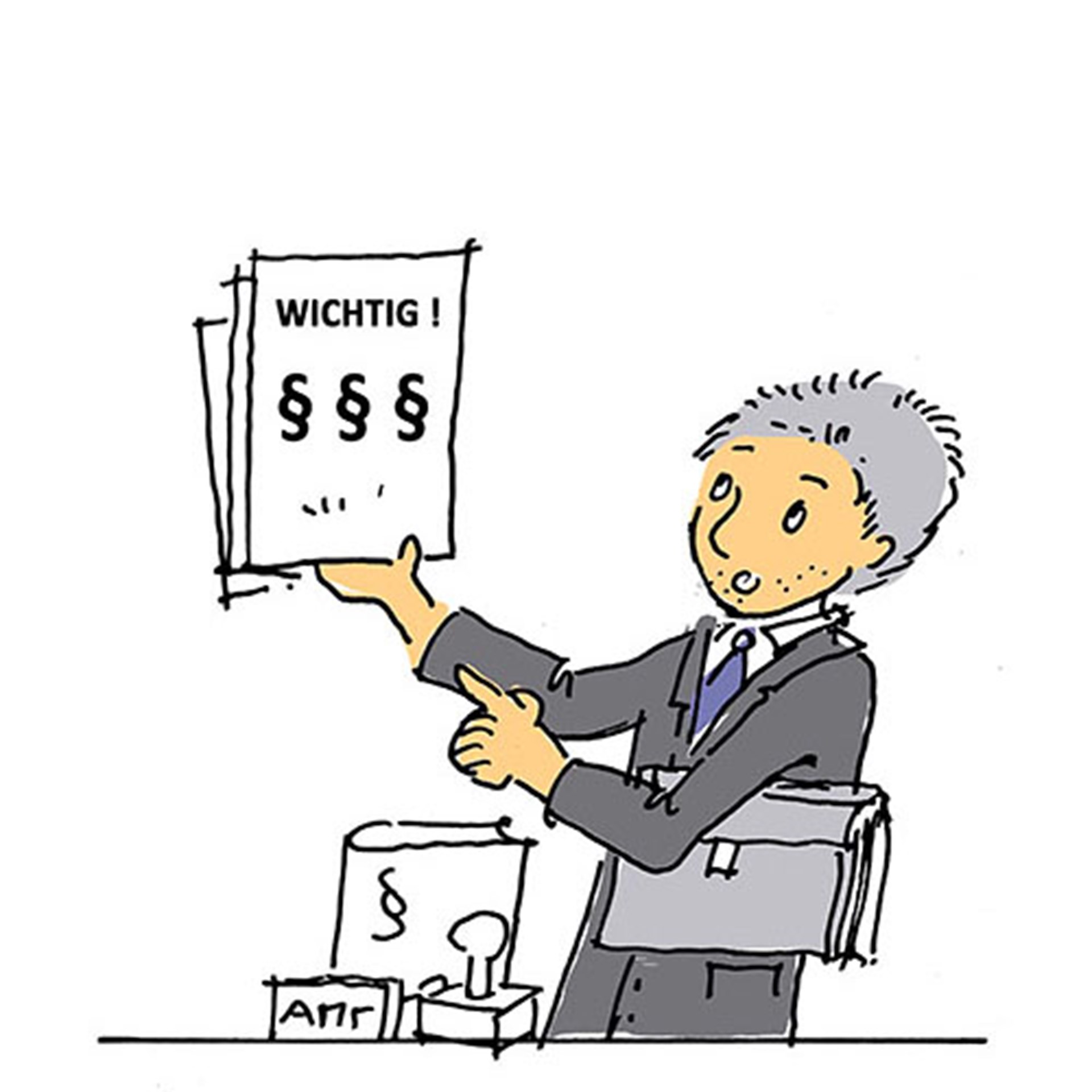 Illustration: Mann mit Aktentasche hält Blätter mit Paragraphenzeichen hoch