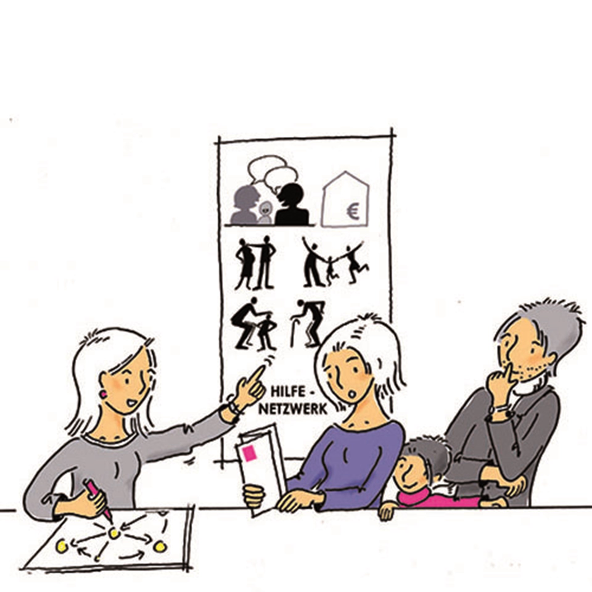 Illustration: Caritas-Mitarbeiterin zeigt junger Familie Szenen auf Schautafel 