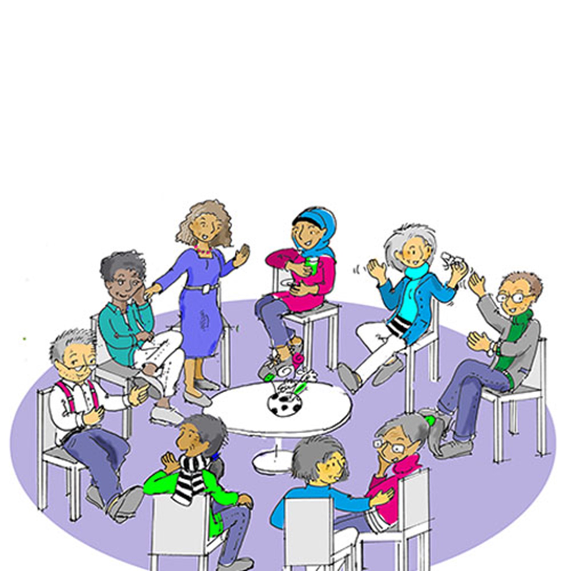 Illustration: Stuhlkreis mit Männern und Frauen