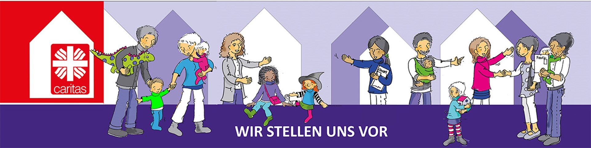 Sybolgrafik: Mehrere Erwachsene Personen mit Kindern und dem Satz Wir stellen uns vor