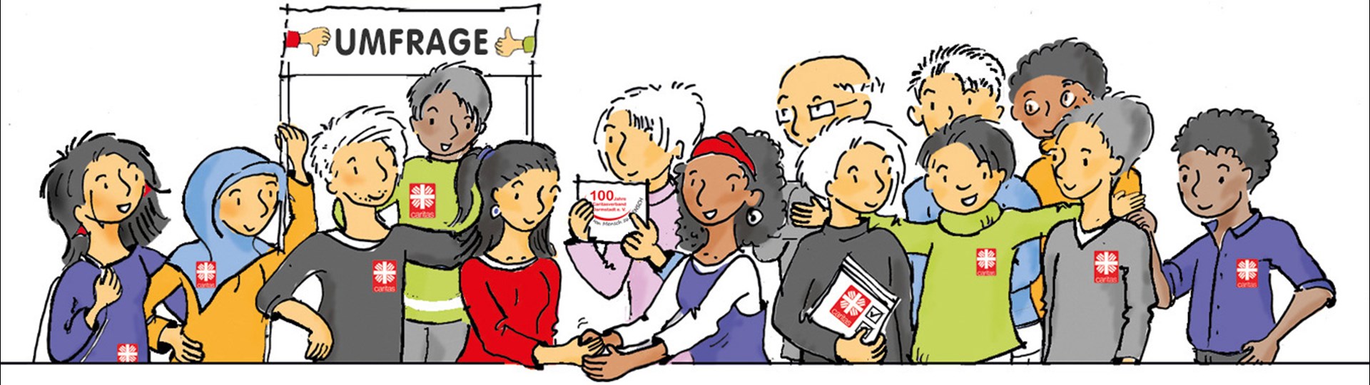 Illustration: Mehrere Personen, die sich an einer Caritas-Umfrage beteiligen