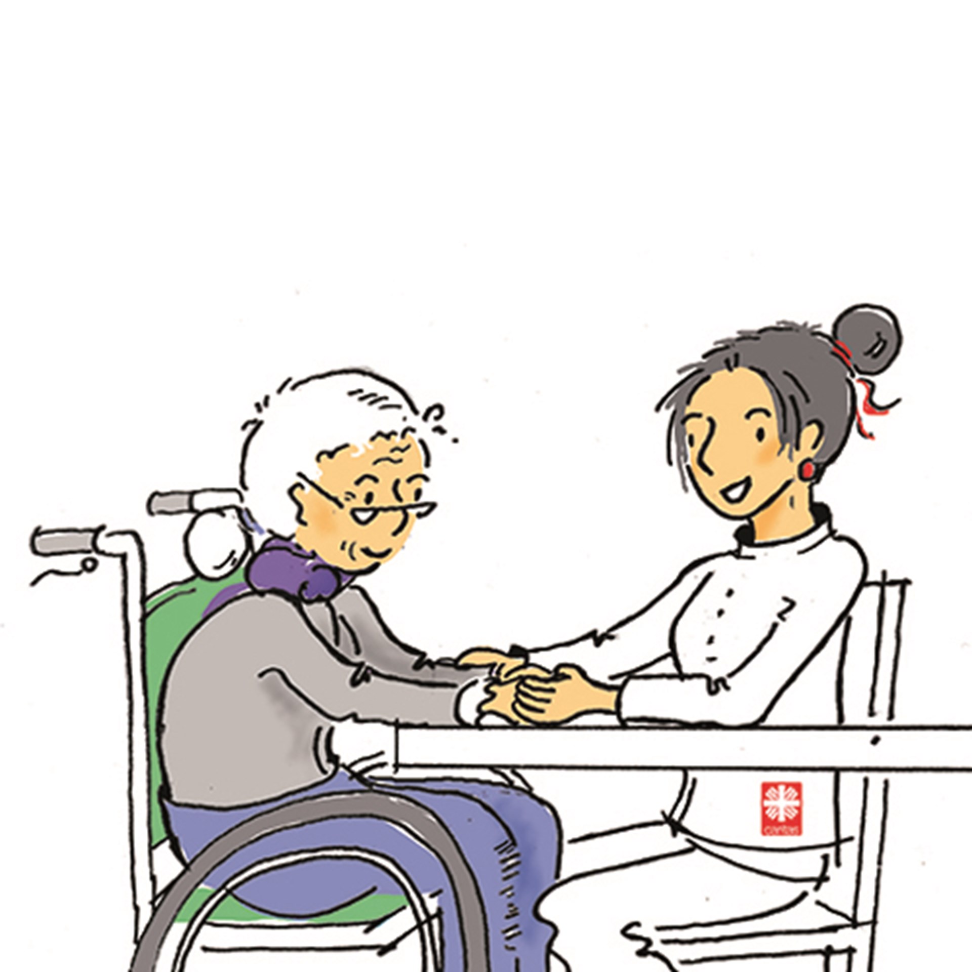 Illustration: Pflegerin hält älterer Dame im Rollstuhl die Hand