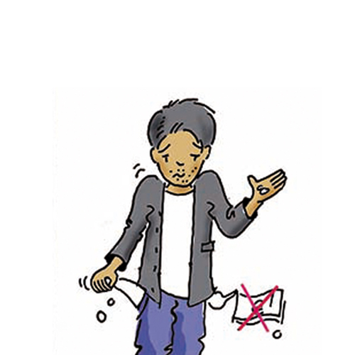 Illustration: Mann mit Geldsorgen, er zeigt seine leeren Hosentaschen