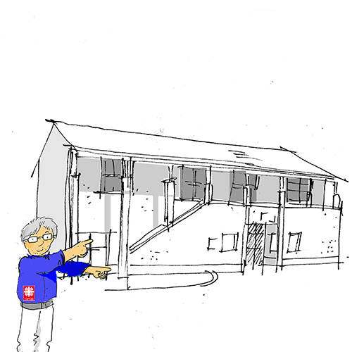 Illustration: Ein Herr mit Brille weist auf ein zweistöckiges Gebäude“