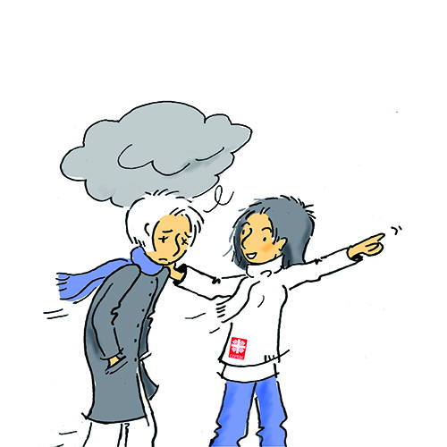 Illustration: Nach vorne zeigende Caritas-Mitarbeiterin begleitet Frau mit Wolke über dem Kopf