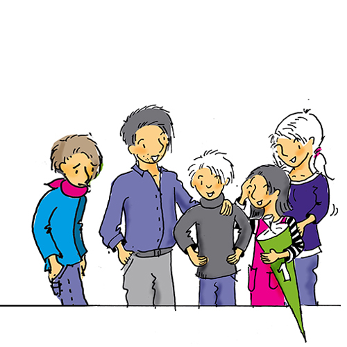 Illustration: Zwei Erwachsene mit drei Kindern und Jugendlichen. Eines der Kinder scheint sich benachteiligt zu fühlen.